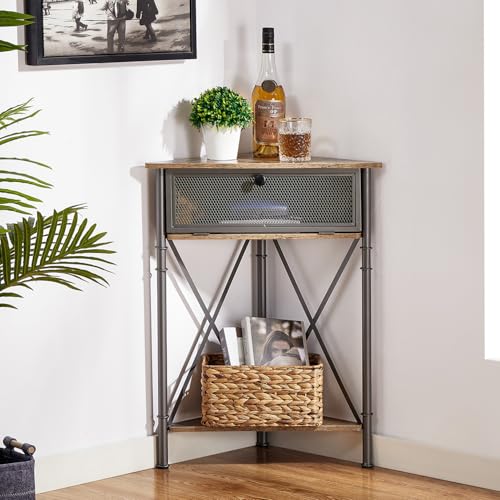 Corner Table/Cabinet with Flip Door and Storage Shelves, Free-Standing Organizer for Compact Space in Living Room/Study/Lobby/Bedroom,Industrial