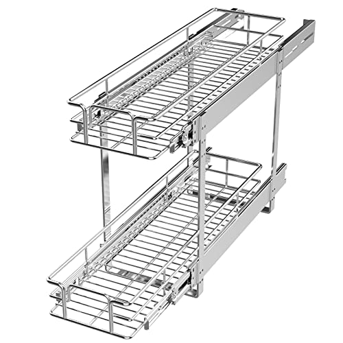 2 Tier Individual Pull Out Cabinet Organizer 7½" W x 21½" D, Slide Out Kitchen Cabinet Storage Sliding Shelves