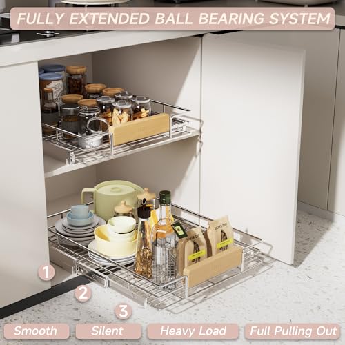 Pull Out Cabinet Organizer with Wooden Handle, 16½" W x 21½" Kitchen Cabinet Pullout Shelf, Heavy Duty Slide Out Pantry Drawer Storage For Kitchen, Bathroom - view 2