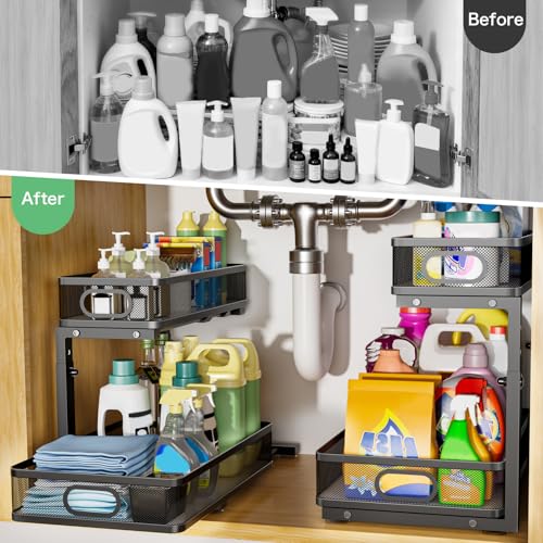 Under Sink Organizer 2 Pack, High Adjustable 2 Tier Under Sink Organizers and Storage, Slide out Metal Cabinet Organizers, Pull out Storage Drawer Shelf for Kitchen Bathroom Cabinet (Black) - view 3