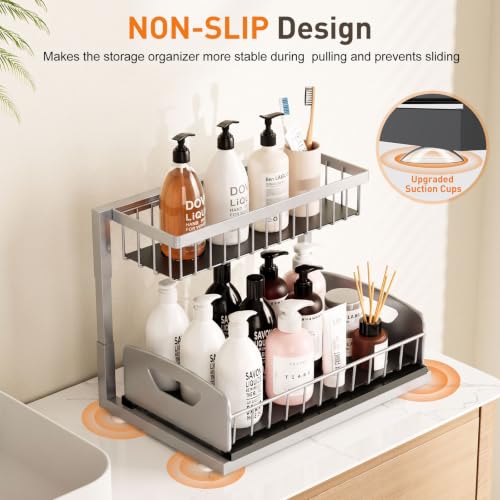 Under Kitchen Sink Organizer, Metal Pull Out Bathroom Organizers and Storage, 2-Tier Cabinet Organizer Shelf with Sliding Drawer, Home Organization for Kitchen, Laundry, Pantry, Light Grey, 2 pack - view 6