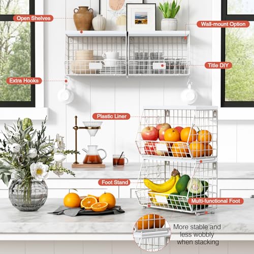 Wall Mount Bathroom Storage Basket, Fruit Produce and Vegetable Baskets for Kitchen Counter, Hanging Wire Storage Basket for Laundry Room Bedroom Closet Pantry Boys Girls Room (White) - view 6