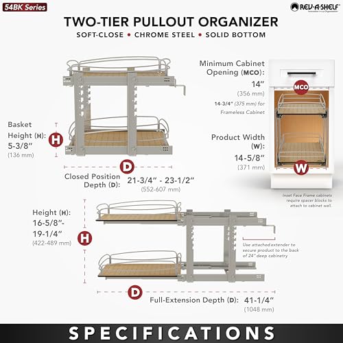 2 Tier Pull Out Kitchen Cabinet Storage Organizer with Solid Bottom & Undermount Soft-Close Full Extension Slides, Min Opening Width of 14", 54BK-15SC-2-1 - view 4