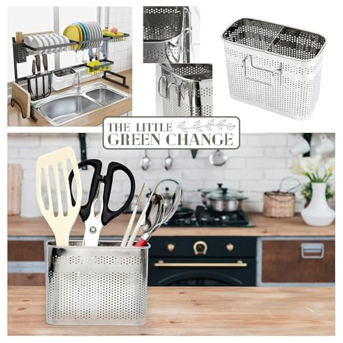 Kitchen Utensils Chopsticks Holder Drying Rack Basket with Hooks 2 Divided Compartments Quality Stainless Steel Large L5.4 X H4.3 X W2.6 - view 7