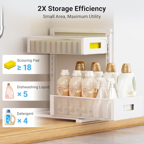 Pull-Out Under Kitchen Sink Organizer, Metal Functional Under Sink Organizer, Height Adjustable Under Bathroom Sink Organizer, Under Sink Storage for Kitchen Bathroom Cabinet (White) - view 6