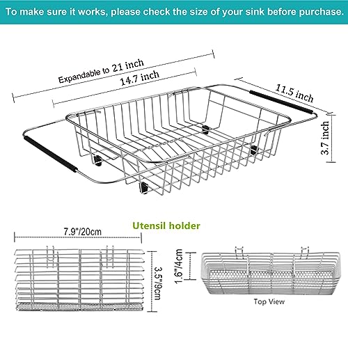 Expandable Dish Drying Rack Organizer and Utensil Cutlery Holder, 304 Stainless Steel Over Sink Dish Rack, Dish Drainer in Sink or On Counter, Rustproof - view 5