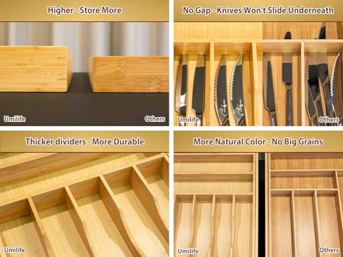 Large Expandable Kitchen Silverware Utensils Drawer Organizer, 2.5" Extra High Adjustable Drawer Divider with Curved Grooves, Bamboo Wood Cutlery Tray Flatware Holder - view 5