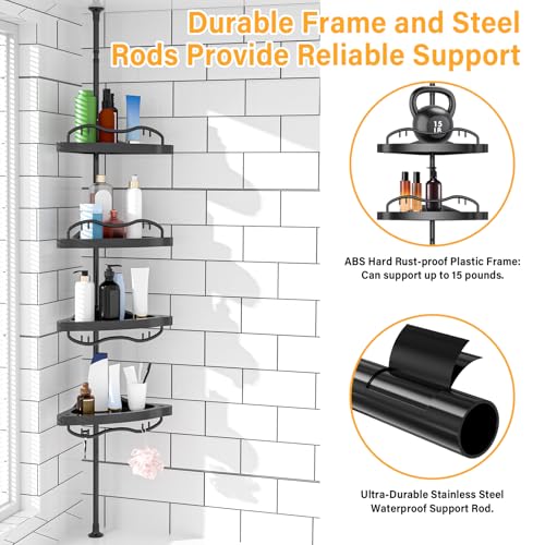 Black Corner Shower Caddy Tension Pole - Heavy Duty Rustproof Stainless Steel Shower Organizer with 4 Adjustable Shelves, No-Drill Free Standing for Bathroom, Bathtub, RV,54" to 114" Tall - view 3
