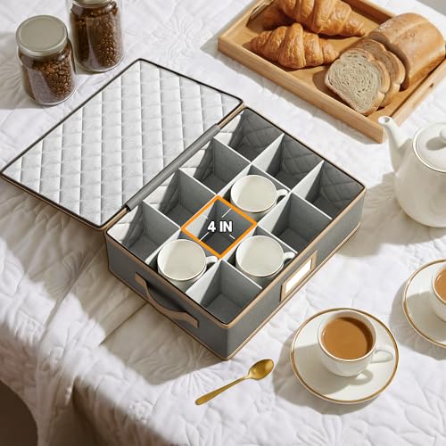 Mug Storage Box, Hard Shell China Organizer with Dividers, Beige, 2 Peice - view 6