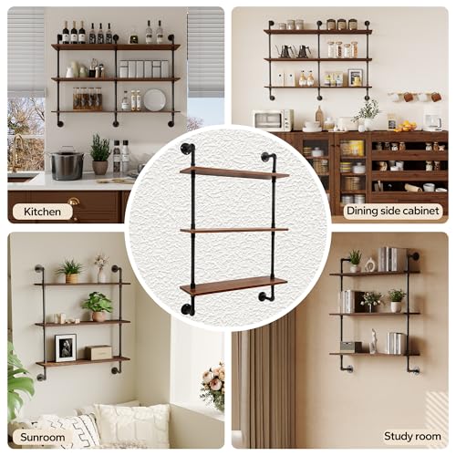 3-Tier Industrial Pipe Floating Shelf – Rustic 24 inch Wood Wall-Mounted Storage Shelf for Kitchen Office,Bathroom & Home Decor -Walnut - view 6
