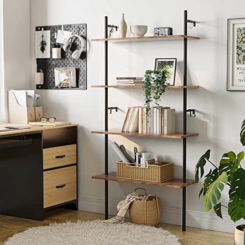 65" Industrial Wall-Mounted Ladder Shelf 4 Tier Bookshelf with Storage Organizer Plant Flower Display Stand Round Tube Bookcase Rack with 2 Hooks for Home Office,Large,Rustic Brown - view 3