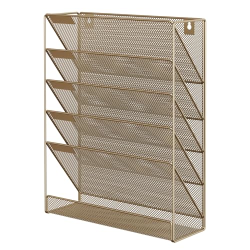 5 Tier Wall File Holder, Mesh Hanging Folder Organizer with Classify Label, Versatile Desk File Holder, Vertical Wall Mounted Mail Organizer for Office Home Cubicle, Gold - view 2