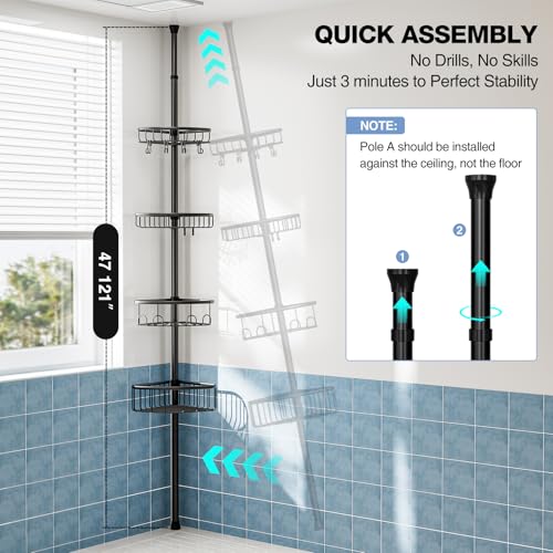 Corner Shower Caddy Tension Pole: Stainless Steel Rustproof 4-Tier Shower Organizer - 47-121 inch Adjustable Bathroom Shelves for Bathtub Shampoo Storage - Tension Rod Floor Standing Bath Rack - Black - view 2