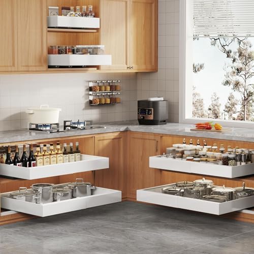 2 Pack Pull Out Cabinet Organizer for Wide Cabinets,Expandable 15.1"-26.3" Width,21" Deep Slide Out Drawers With Raising Pad for Framed Cabinets,3 Slide Rails,No Drill Roll Out Shelves,White - view 3