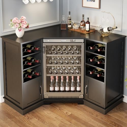 L Shaped Corner Bar Cabinet with Fridge Space, Wine Storage, Black, 40”