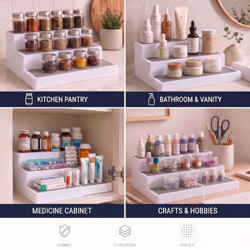 Plastic 3-Tier Expandable Spice Rack, Adjustable Length, Stability with Non-Skid Shelf, For Easy Visibility, Organizer for Kitchen Cabinet, Pantry or Countertop, (2-Pack), White/Grey - view 6