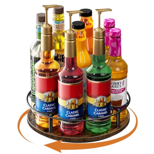 9 Bottles Rotating Coffee Syrup Rack, Brown+Black