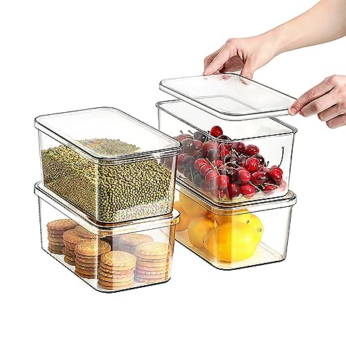 Clear Storage Bins With Lids,4 Packs Food Storage Organizer,Stackable Kitchen Cabinet,Bathroom Basket,Fridge Organization.Pantry Transparent Containers For Fruits,Drinks