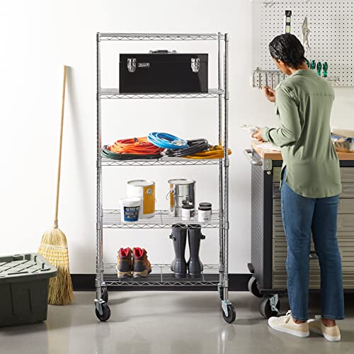 5-Shelf Adjustable, Heavy Duty Storage Shelving Unit on 4" Wheel Casters, Easy to Move Portable Wire Shelving, No Tools Needed for Easy Assembly, 30" x 14" x 64.8", Chrome - view 2