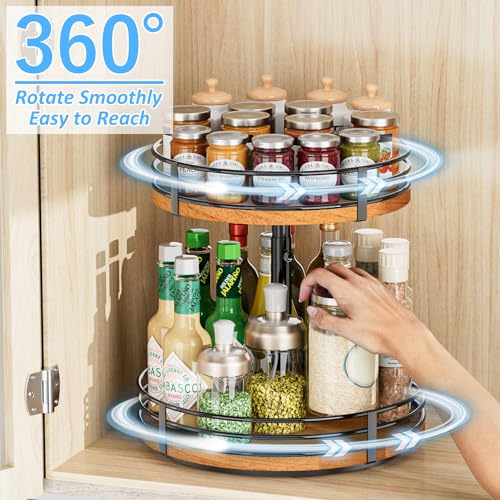 Lazy Susan Turntable Organizer Adjustable - 2 Tier Wood Rotating Spice Rack 12 Inch Lazy Susan for Kitchen Countertop Cabinet Pantry Cupboard Dining Table Bathroom Coffee Bar Home Storage - view 2