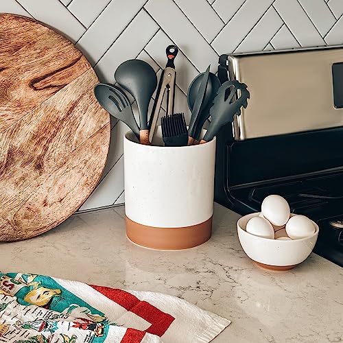 Ceramic Kitchen Utensil Holder - Wooden Spoon & Spatula Crock for Countertop, Modern Farmhouse Home Decor, Extra Large 7.3" Cooking Organizer for Stove Top and Counter - Heavy & Sturdy - Vanilla - view 6