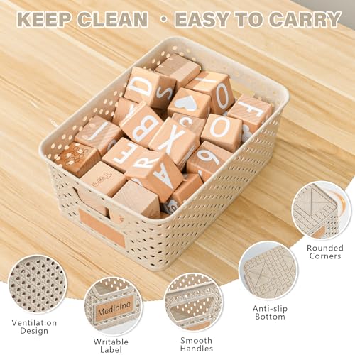 12 Pack Plastic Storage Baskets for Organizing, Storage Baskets for Shelves with Handles, Small Storage Bins with Labels, Classroom Storage Organization for Cabinet,Closet, Office,Natural - view 4