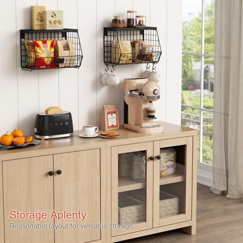 Black Kitchen Wall Hanging Storage Basket Set of 2, Rustic Stackable Kitchen Counter Fruit Organizer, Wire Baskets Container for Veggie, Garlic, Produce, Onion and Potato (Black Shelf) - view 3