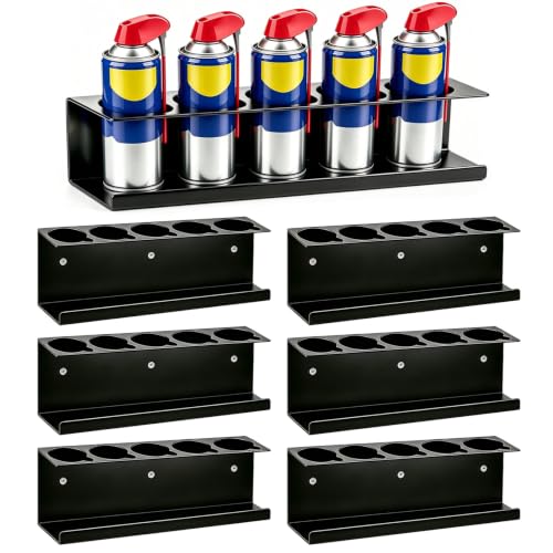 6 Pack Wall-Mounted Spray Bottle Holder, Heavy-Duty Steel Black Aerosol Can Storage Rack with 30 Holes, Spray Paint Can Organizer for Garage, Shop, Home, Tool Trailer & Service Truck