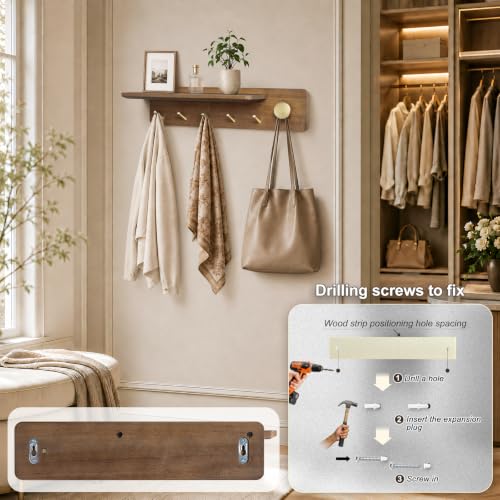 Coat Rack Wall Mount with Shelf, Solid Wood, 5 Brass Hooks, Brown - view 3