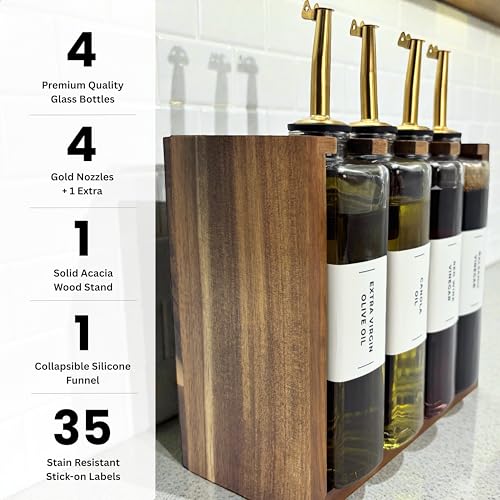 The Oil Library | Glass Oil & Vinegar Bottles with 100% Acacia Wood Stand | 4 Containers, 5 Gold Nozzles & 35 Stain-Resistant Labels | Countertop Display Set - view 3