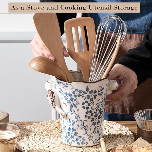6.34"H Utensil Holder for Kitchen Counter, Modern Farmhouse Cooking Utensil Holder and Crock Home Kitchen Decor, Ceramic Utensil Organizer for Spatula, Ladle, Eggbeater, Rolling Pin- Blue and White - view 5