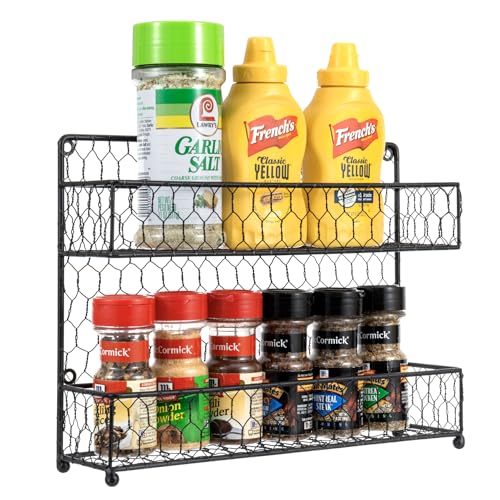 Spice Rack Wall Mount, Counter 2 Tier Spice Rack, over the Stove Seasoning Jar Storage Organizer, Black Metal Wire, Kitchen Farmhouse Style - view 4