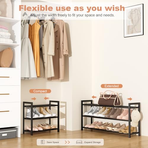 3-Tier Expandable Shoe Rack for Closet, Adjustable 18"-33" Metal Shoe Organizer for 12 Pairs, Shoe Shelf for Small Spaces, Entryway, Bedroom with 5 Hooks - view 4