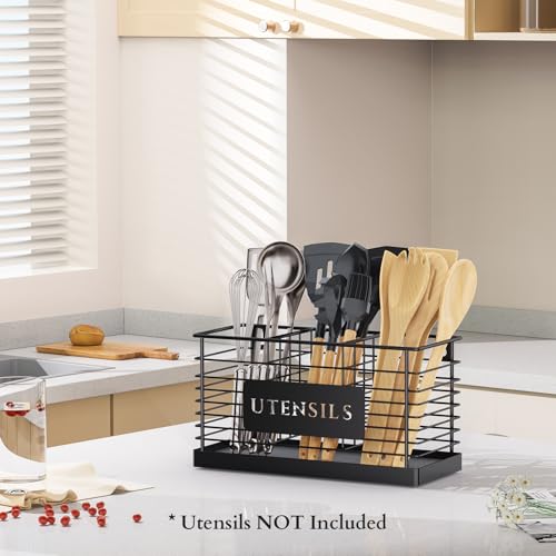 Utensil Holder for Kitchen Counter with Diatomaceous Earth Base, Large Black Metal Cooking Tool Organizer with 3 Compartments, Countertop Utensil Holder for Spatula and Kitchen Utensils - view 6