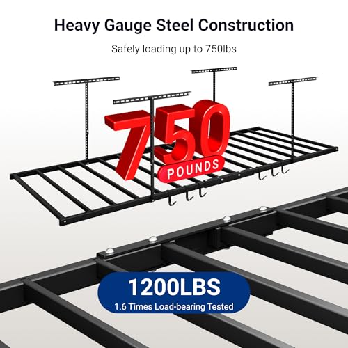 4x8 Overhead Garage Ceiling Storage Rack with 6 Hooks, Black - view 2