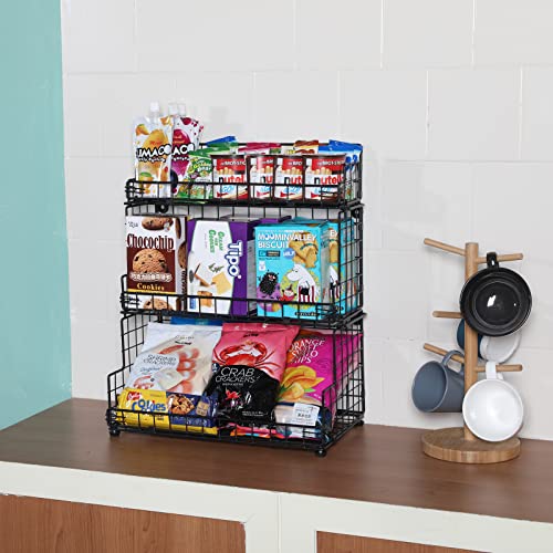 Stackable Wire Basket 3 Tier Countertop& Wall Mounted Metal Storage Basket for Kitchen Pantry Cabinet, Muti-functional Open Front Bin Organizer for Food Fruit Snack, Black - view 5