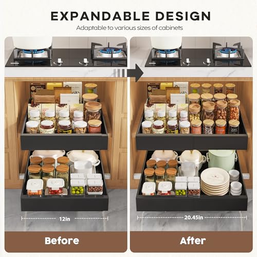 2 Pack Pull Out Cabinet Organizers 21"Deep with Raising Pad for Framed Cabinets,Expandable Slide Out Drawers Upgrade 3 Slide Rails,Roll Out Shelves Adhesive,Adjustable Width 12"-20.45" Black - view 2