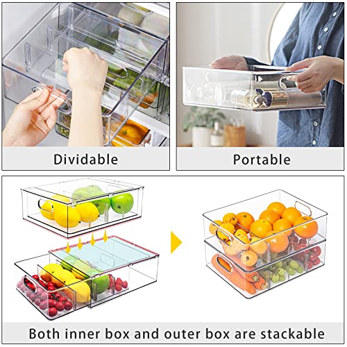Fridge Drawer Pull Out Stackable Bins with Handle Clear Refrigerator Drawers Organizer Food Storage Container Box with Dividers Plastic Produce Saver for Pantry, Cabinet, Kitchen, Clothes（4Pack） - view 3