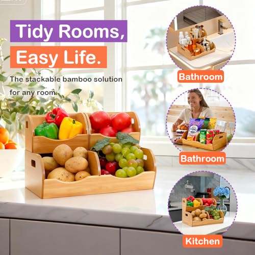 Stackable Bamboo Pantry Organizer - 3-Piece Storage Basket Set for Potato, Onion & Kitchen Cabinet, Tool-Free Assembly, Multi-Size Bins - view 5