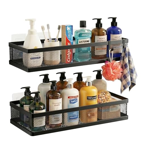 Mesh Shower Caddy Wall Mount, Heavy Duty Adhesive Bathroom Shelf Organizer, Rustproof Floating Spice Rack for Kitchen Pantry, Holds 50 LBS, Multi-Purpose Storage Black-2 Packs (Netting)