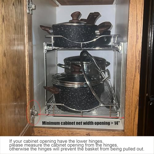 2 Tier Pull Out Cabinet Organizer (14" W X 18" D), Double Tier Wire Basket Slide Out Shelf Storage for Kitchen Base Cabinet Organization ​for Kitchen, Pantry, Bathroom, Chrome - view 3