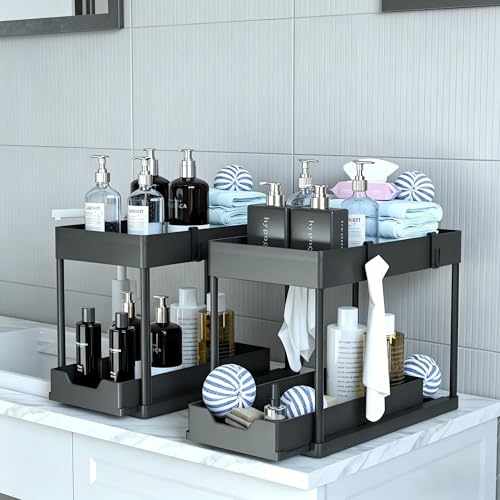 Under Sink Organizer 2 Pack, Bathroom Cabinet Organizer, 2 Tier Sliding Cabinet Basket Organizer Drawer, Multi-Purpose Bath Collection Baskets for Bathroom (Black) - view 3