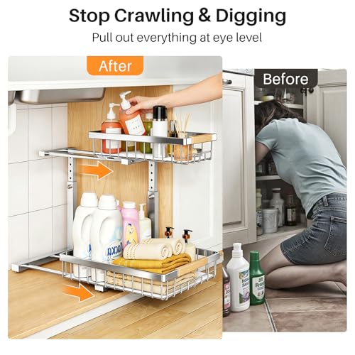 Under Sink Organizer, Adjustable Height, 2 Tier Pull Out Cabinet Organizer, Slide Out Thickened Metal Storage for Kitchen Bathroom Laundry Pantry Cabinet, Stainless Steel, Silver, Large-2-Pack - view 4