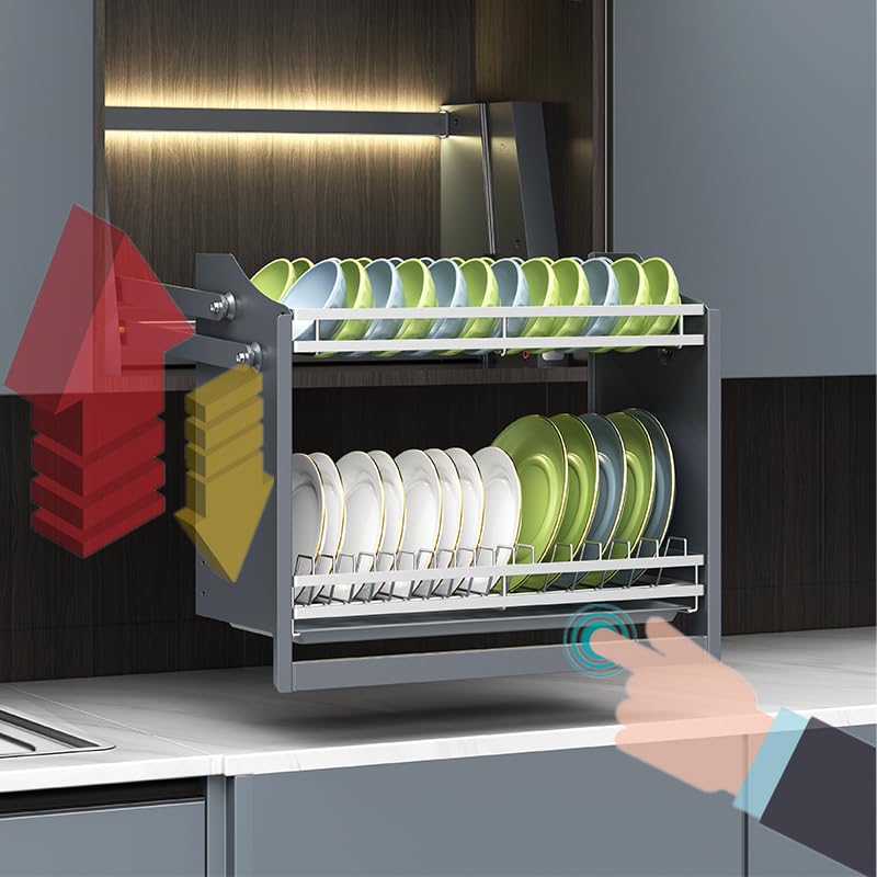 Smart Dish Rack- Pull Down Shelf Electric Lifting System, Pull Down Cabinet Organizer for Upper Cabinet, Touch Switch Kitchen Rack with Removable Drainboard,20.67" H x 22.2" W, Grey - view 2