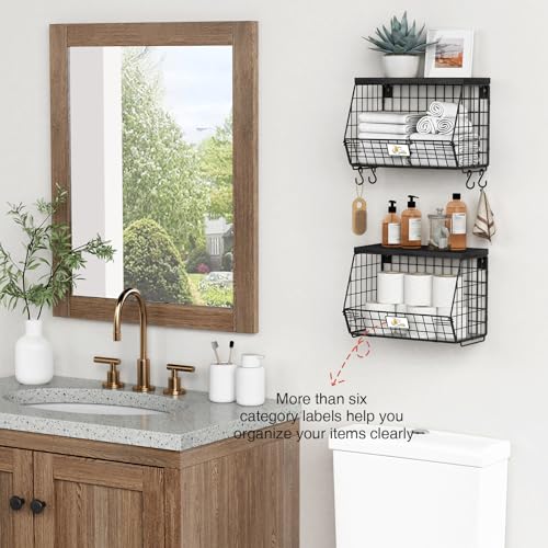 Black Kitchen Wall Hanging Storage Basket Set of 2, Rustic Stackable Kitchen Counter Fruit Organizer, Wire Baskets Container for Veggie, Garlic, Produce, Onion and Potato (Black Shelf) - view 4
