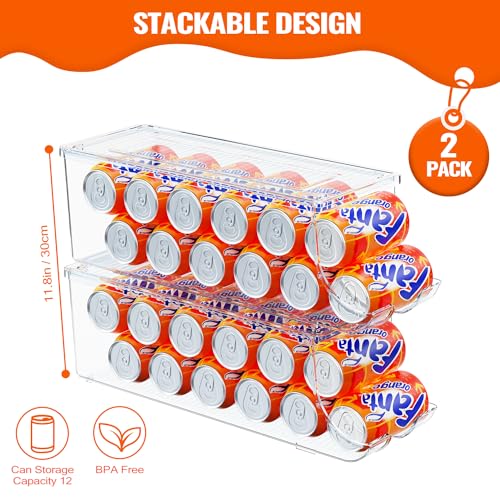 2 Pack Soda Can Organizer for Refrigerator, Stackable Canned Food Pop Cans Container Can Holder Dispenser with Lid for Fridge Rack Freezer, Clear Storage Bins-Holds 12 Cans Each (Clear) - view 2