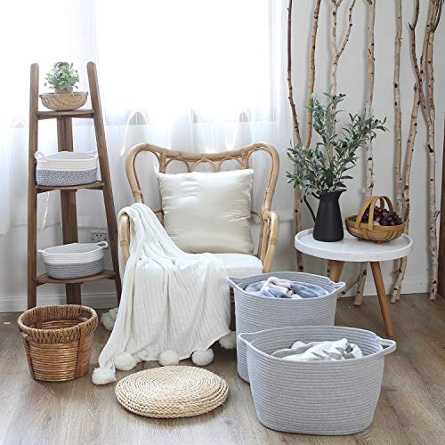 Storage Basket, Woven Cotton Rope Basket with Handles, Gray - view 3