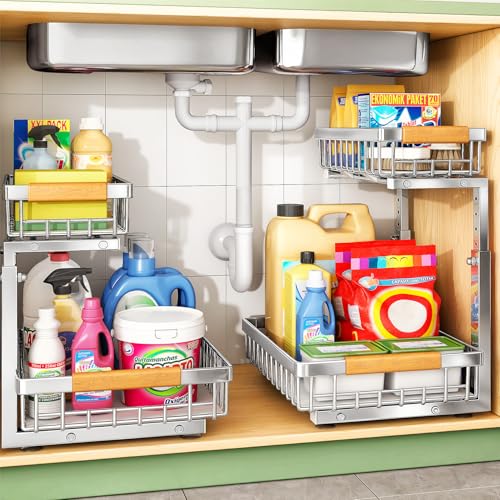 Under Sink Organizer, Thickened L-Shaped 2 Tier Pull Out Cabinet Storage