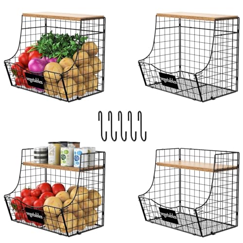 4 Pack Fruit Basket for Kitchen with Lid, Counter&Wall Mounted Hanging Fruit Basket, Potato and Onion Storage, Metal Wire Fruit and Vegetable Storage, Snack Organizer 11.81 * 8.66 * 10.63in