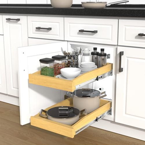 2 Tier Pull Out Cabinet Organizer, 20"W x 21"D Solid Wood Heavy-Duty Base Bottom Assembly Slide out Drawer Shel Cabinet Organization for Kitchen, Pantry, Bathroom - view 5